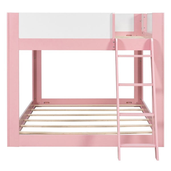 English Elm Queen Low Bunk Bed Solid Wood Slats Two Tone Frame with Guardrails for Kids Pink+White LT000447AAH