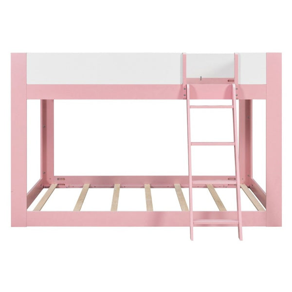English Elm Queen Low Bunk Bed Solid Wood Slats Two Tone Frame with Guardrails for Kids Pink+White LT000447AAH