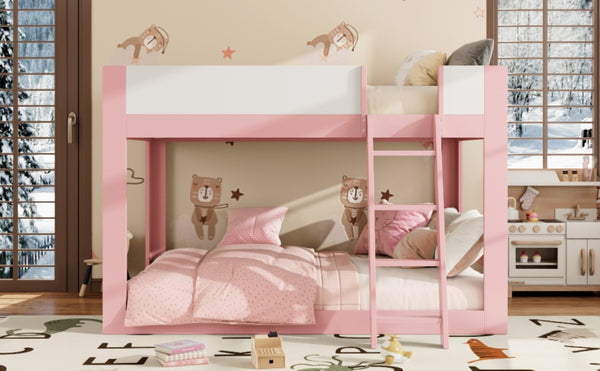 English Elm Queen Low Bunk Bed Solid Wood Slats Two Tone Frame with Guardrails for Kids Pink+White LT000447AAH