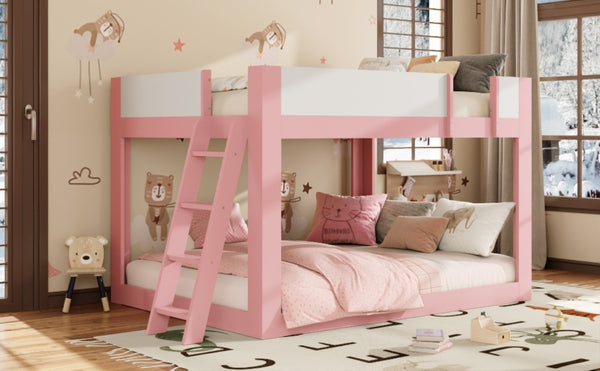 English Elm Queen Low Bunk Bed Solid Wood Slats Two Tone Frame with Guardrails for Kids Pink+White LT000447AAH