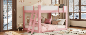English Elm Queen Low Bunk Bed Solid Wood Slats Two Tone Frame with Guardrails for Kids Pink+White LT000447AAH