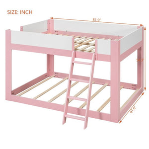English Elm Queen Low Bunk Bed Solid Wood Slats Two Tone Frame with Guardrails for Kids Pink+White LT000447AAH