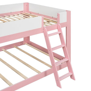 English Elm Queen Low Bunk Bed Solid Wood Slats Two Tone Frame with Guardrails for Kids Pink+White LT000447AAH
