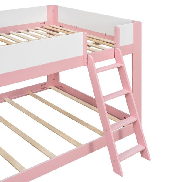 English Elm Queen Low Bunk Bed Solid Wood Slats Two Tone Frame with Guardrails for Kids Pink+White LT000447AAH
