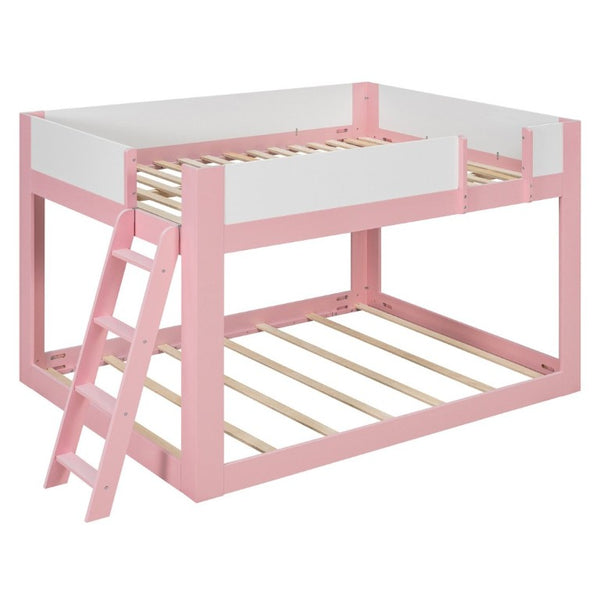 English Elm Queen Low Bunk Bed Solid Wood Slats Two Tone Frame with Guardrails for Kids Pink+White LT000447AAH