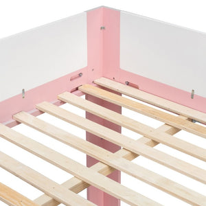 English Elm Queen Low Bunk Bed Solid Wood Slats Two Tone Frame with Guardrails for Kids Pink+White LT000447AAH