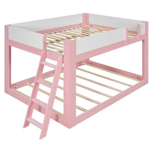 English Elm Queen Low Bunk Bed Solid Wood Slats Two Tone Frame with Guardrails for Kids Pink+White LT000447AAH