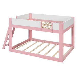 English Elm Queen Low Bunk Bed Solid Wood Slats Two Tone Frame with Guardrails for Kids Pink+White LT000447AAH
