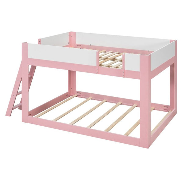 English Elm Queen Low Bunk Bed Solid Wood Slats Two Tone Frame with Guardrails for Kids Pink+White LT000447AAH