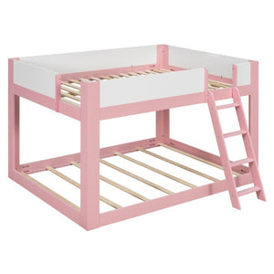 English Elm Queen Low Bunk Bed Solid Wood Slats Two Tone Frame with Guardrails for Kids Pink+White LT000447AAH