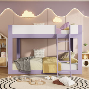 English Elm Queen Low Bunk Bed Solid Wood Slats Two Tone Frame with Guardrails for Kids Purple+White LT000447AAI