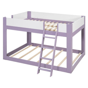 English Elm Queen Low Bunk Bed Solid Wood Slats Two Tone Frame with Guardrails for Kids Purple+White LT000447AAI