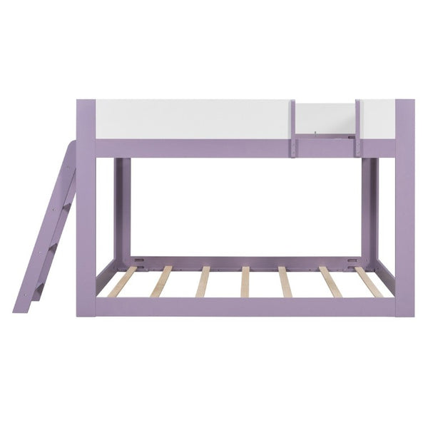 English Elm Queen Low Bunk Bed Solid Wood Slats Two Tone Frame with Guardrails for Kids Purple+White LT000447AAI