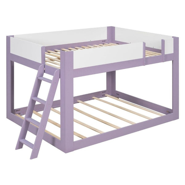 English Elm Queen Low Bunk Bed Solid Wood Slats Two Tone Frame with Guardrails for Kids Purple+White LT000447AAI