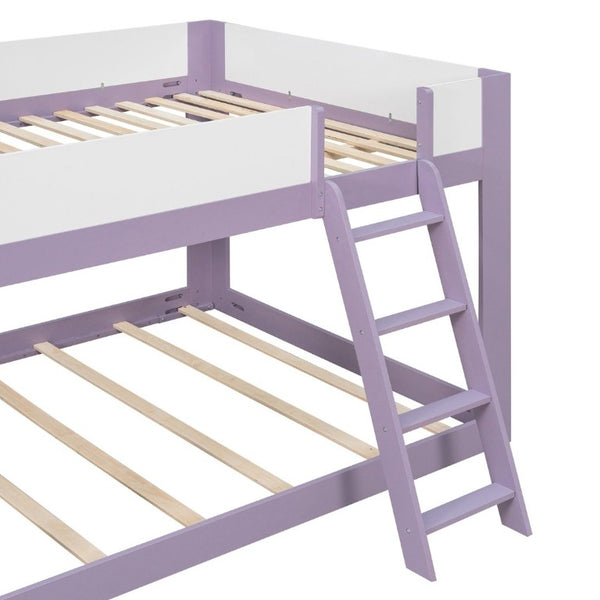 English Elm Queen Low Bunk Bed Solid Wood Slats Two Tone Frame with Guardrails for Kids Purple+White LT000447AAI