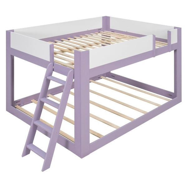 English Elm Queen Low Bunk Bed Solid Wood Slats Two Tone Frame with Guardrails for Kids Purple+White LT000447AAI