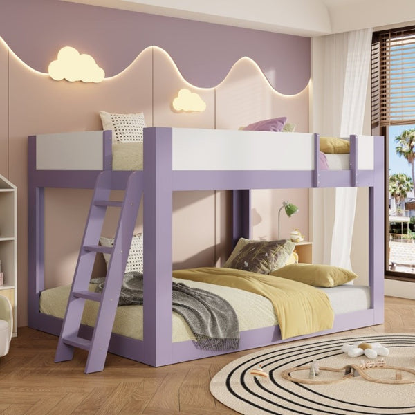 English Elm Queen Low Bunk Bed Solid Wood Slats Two Tone Frame with Guardrails for Kids Purple+White LT000447AAI