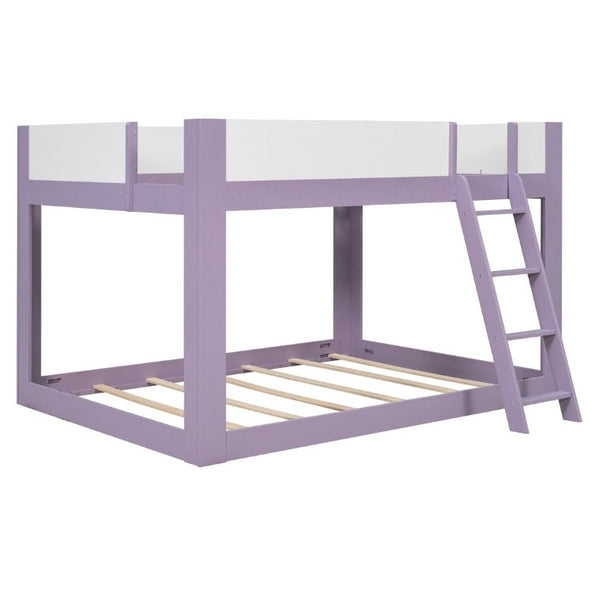 English Elm Queen Low Bunk Bed Solid Wood Slats Two Tone Frame with Guardrails for Kids Purple+White LT000447AAI