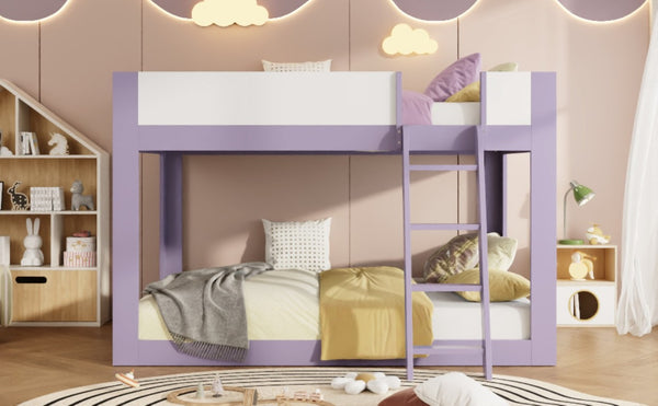 English Elm Queen Low Bunk Bed Solid Wood Slats Two Tone Frame with Guardrails for Kids Purple+White LT000447AAI