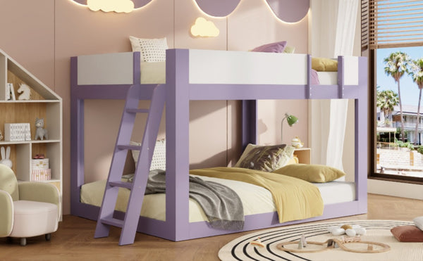 English Elm Queen Low Bunk Bed Solid Wood Slats Two Tone Frame with Guardrails for Kids Purple+White LT000447AAI