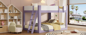 English Elm Queen Low Bunk Bed Solid Wood Slats Two Tone Frame with Guardrails for Kids Purple+White LT000447AAI