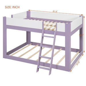 English Elm Queen Low Bunk Bed Solid Wood Slats Two Tone Frame with Guardrails for Kids Purple+White LT000447AAI