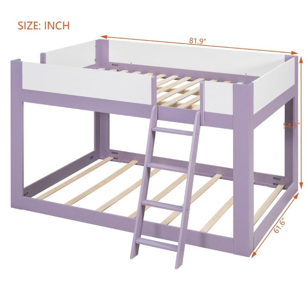English Elm Queen Low Bunk Bed Solid Wood Slats Two Tone Frame with Guardrails for Kids Purple+White LT000447AAI