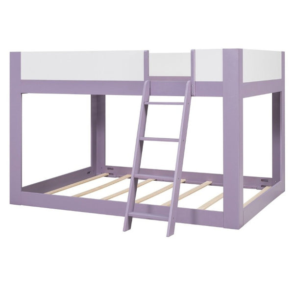 English Elm Queen Low Bunk Bed Solid Wood Slats Two Tone Frame with Guardrails for Kids Purple+White LT000447AAI