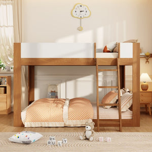 English Elm Queen Low Bunk Bed Solid Wood Slats Two Tone Frame with Guardrails for Kids Walnut+White LT000447AAL