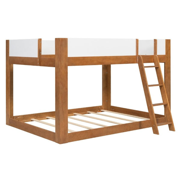 English Elm Queen Low Bunk Bed Solid Wood Slats Two Tone Frame with Guardrails for Kids Walnut+White LT000447AAL