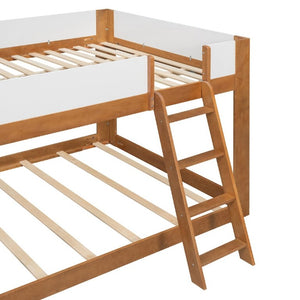English Elm Queen Low Bunk Bed Solid Wood Slats Two Tone Frame with Guardrails for Kids Walnut+White LT000447AAL