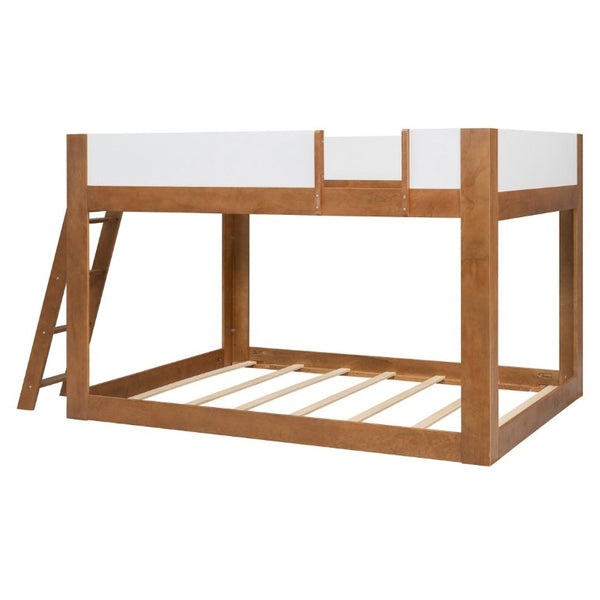 English Elm Queen Low Bunk Bed Solid Wood Slats Two Tone Frame with Guardrails for Kids Walnut+White LT000447AAL