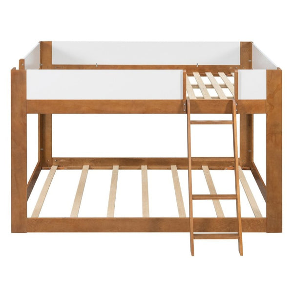 English Elm Queen Low Bunk Bed Solid Wood Slats Two Tone Frame with Guardrails for Kids Walnut+White LT000447AAL