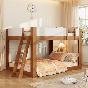 English Elm Queen Low Bunk Bed Solid Wood Slats Two Tone Frame with Guardrails for Kids Walnut+White LT000447AAL