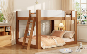 English Elm Queen Low Bunk Bed Solid Wood Slats Two Tone Frame with Guardrails for Kids Walnut+White LT000447AAL