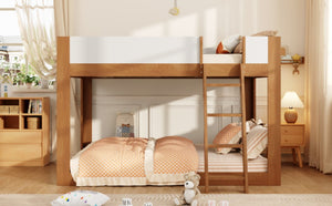 English Elm Queen Low Bunk Bed Solid Wood Slats Two Tone Frame with Guardrails for Kids Walnut+White LT000447AAL