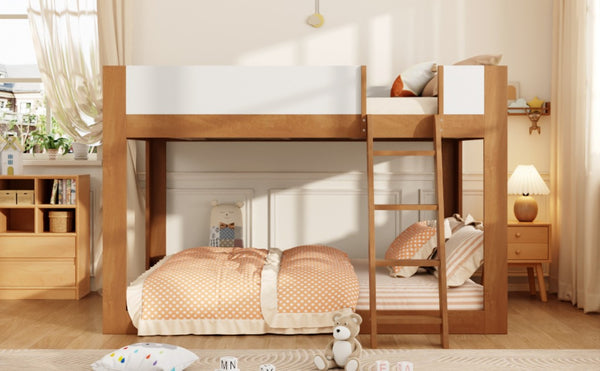 English Elm Queen Low Bunk Bed Solid Wood Slats Two Tone Frame with Guardrails for Kids Walnut+White LT000447AAL