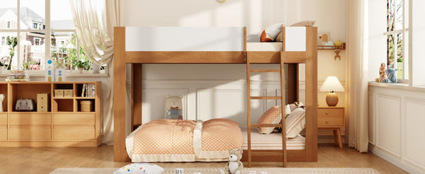 English Elm Queen Low Bunk Bed Solid Wood Slats Two Tone Frame with Guardrails for Kids Walnut+White LT000447AAL