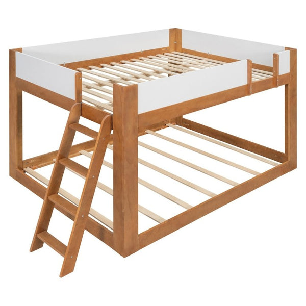 English Elm Queen Low Bunk Bed Solid Wood Slats Two Tone Frame with Guardrails for Kids Walnut+White LT000447AAL