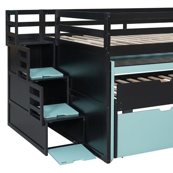 English Elm Full XL Loft Bed with Built-In Desk Trundle Drawers and Stair Storage for Teens Black+Blue LT000454AAC