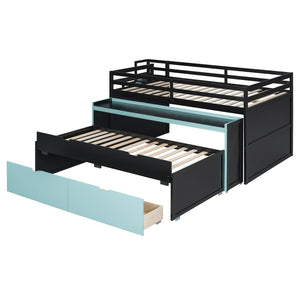 English Elm Full XL Loft Bed with Built-In Desk Trundle Drawers and Stair Storage for Teens Black+Blue LT000454AAC