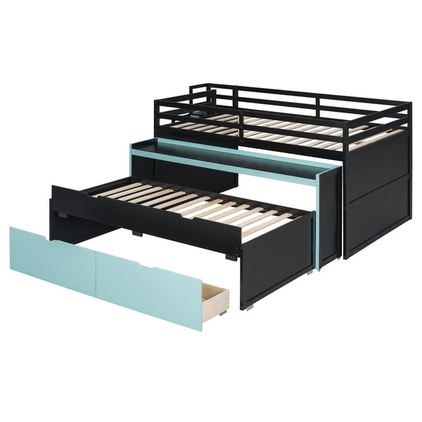 English Elm Full XL Loft Bed with Built-In Desk Trundle Drawers and Stair Storage for Teens Black+Blue LT000454AAC