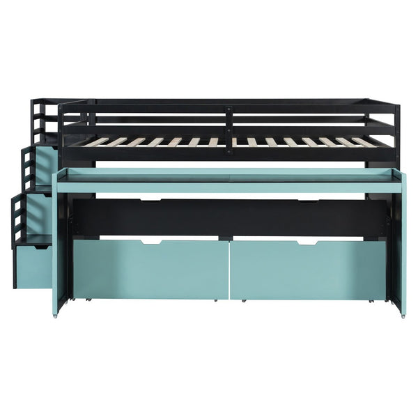 English Elm Full XL Loft Bed with Built-In Desk Trundle Drawers and Stair Storage for Teens Black+Blue LT000454AAC