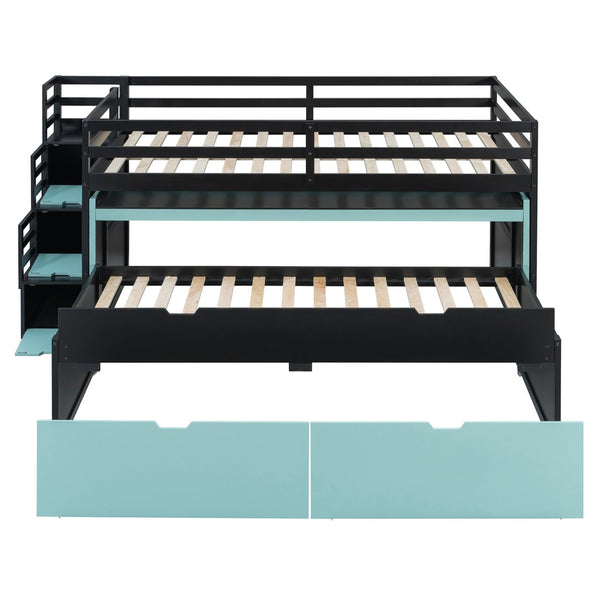 English Elm Full XL Loft Bed with Built-In Desk Trundle Drawers and Stair Storage for Teens Black+Blue LT000454AAC