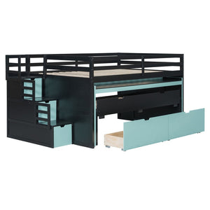 English Elm Full XL Loft Bed with Built-In Desk Trundle Drawers and Stair Storage for Teens Black+Blue LT000454AAC