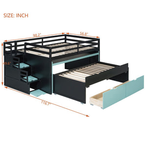 English Elm Full XL Loft Bed with Built-In Desk Trundle Drawers and Stair Storage for Teens Black+Blue LT000454AAC