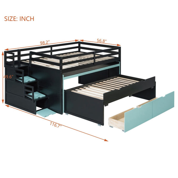 English Elm Full XL Loft Bed with Built-In Desk Trundle Drawers and Stair Storage for Teens Black+Blue LT000454AAC