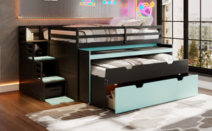 English Elm Full XL Loft Bed with Built-In Desk Trundle Drawers and Stair Storage for Teens Black+Blue LT000454AAC