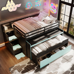 English Elm Full XL Loft Bed with Built-In Desk Trundle Drawers and Stair Storage for Teens Black+Blue LT000454AAC