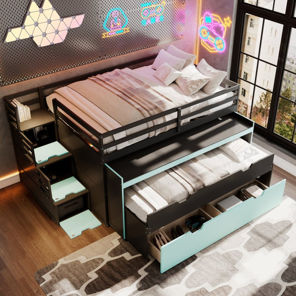 English Elm Full XL Loft Bed with Built-In Desk Trundle Drawers and Stair Storage for Teens Black+Blue LT000454AAC